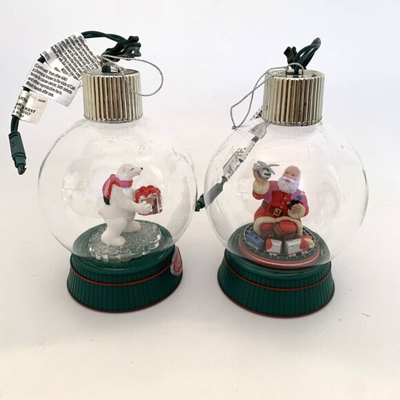 2 Coca-Cola Holiday Radiance Glass Ornaments Illuminated Rotating Santa Bear Vtg - Picture 5 of 16